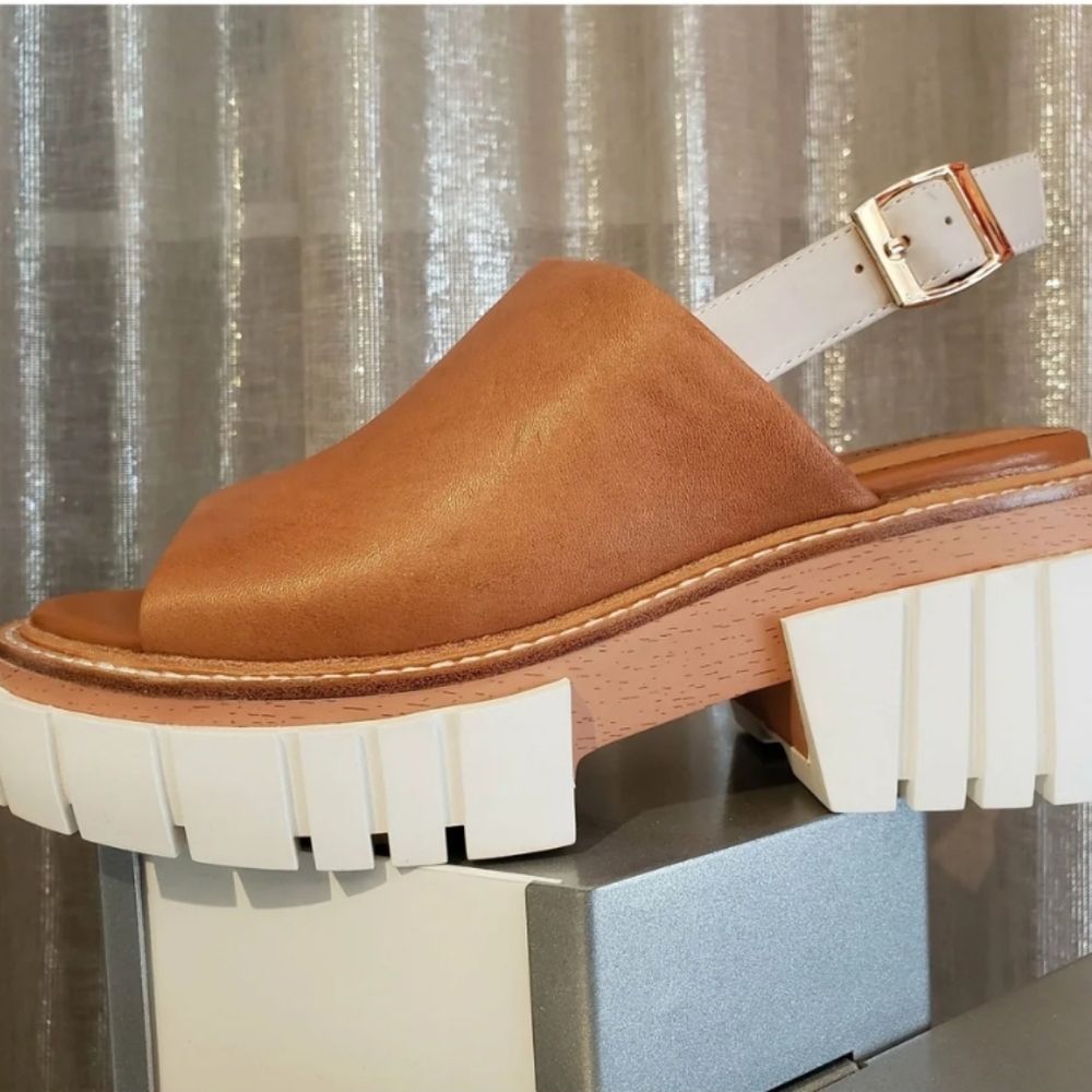 Tan and White Chunky Platform Mules